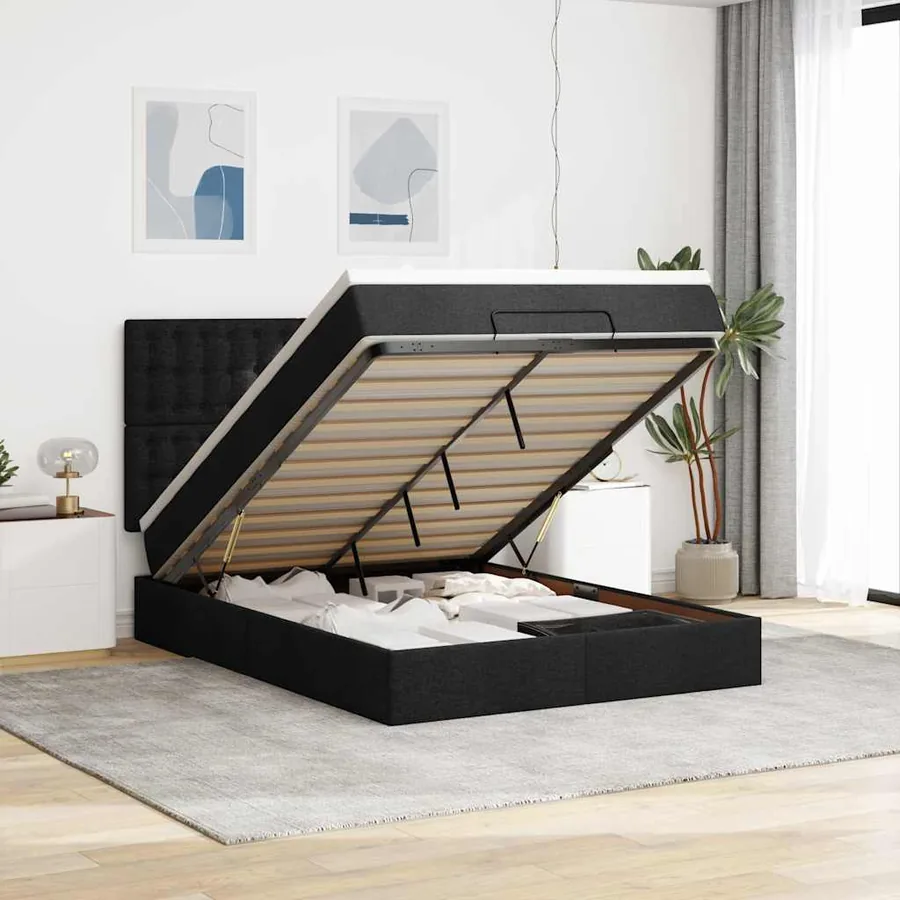 Cadre de lit ottoman avec matelas noir 140x190 cm tissu
