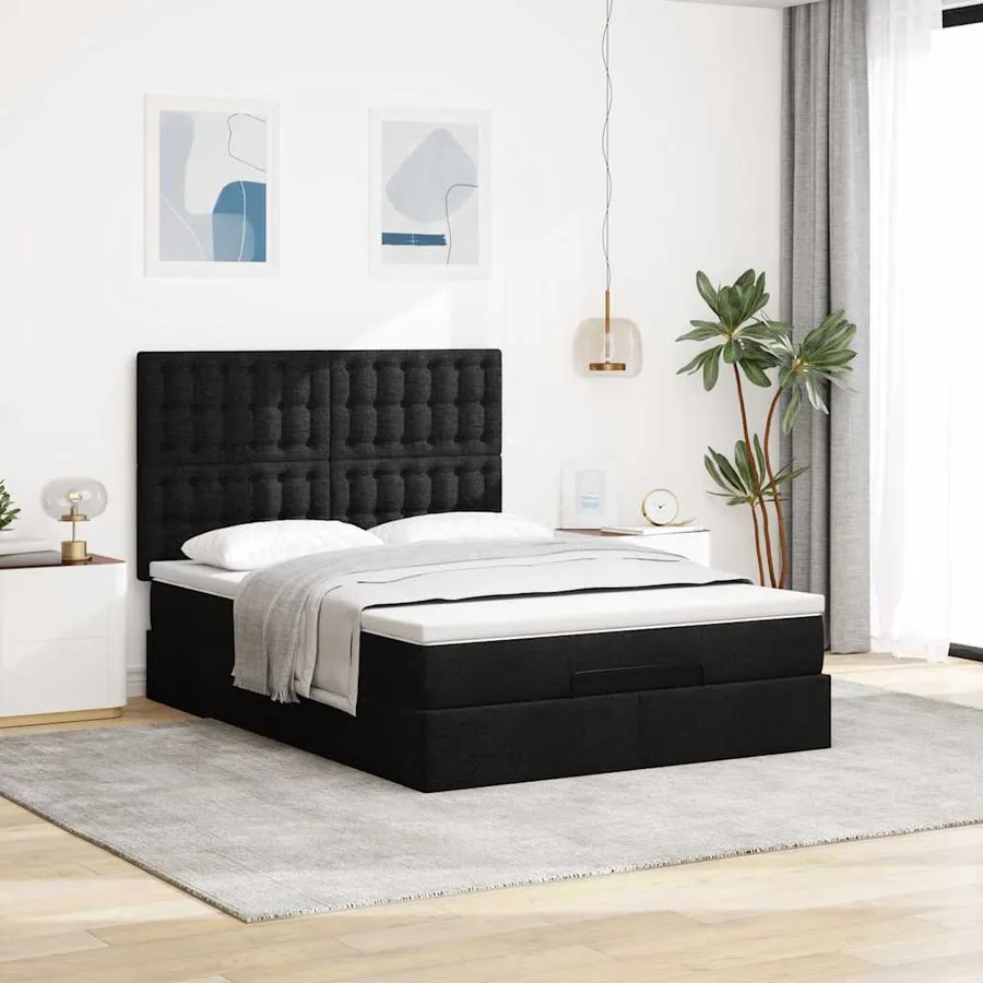 Cadre de lit ottoman avec matelas noir 140x190 cm tissu - 4