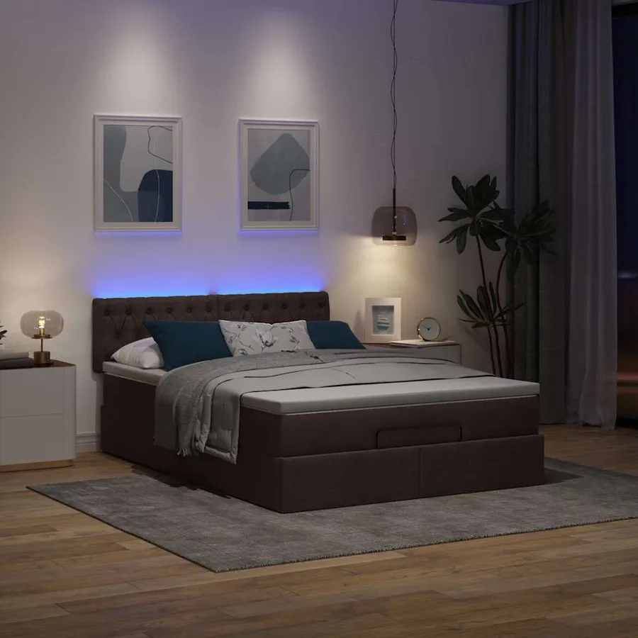 Lit ottoman avec matelas et LED marron foncé 140x190 cm tissu - 3