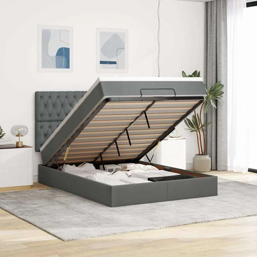 Cadre de lit ottoman avec matelas gris foncé 140x190 cm tissu