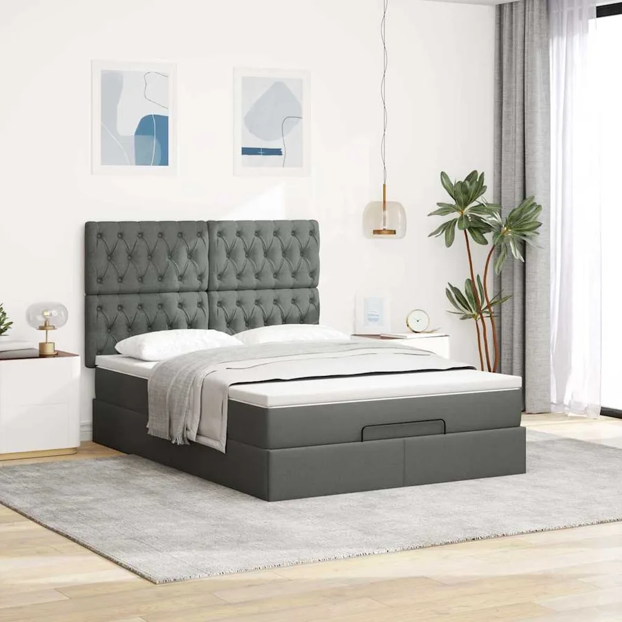 Cadre de lit ottoman avec matelas gris foncé 140x190 cm tissu - 3