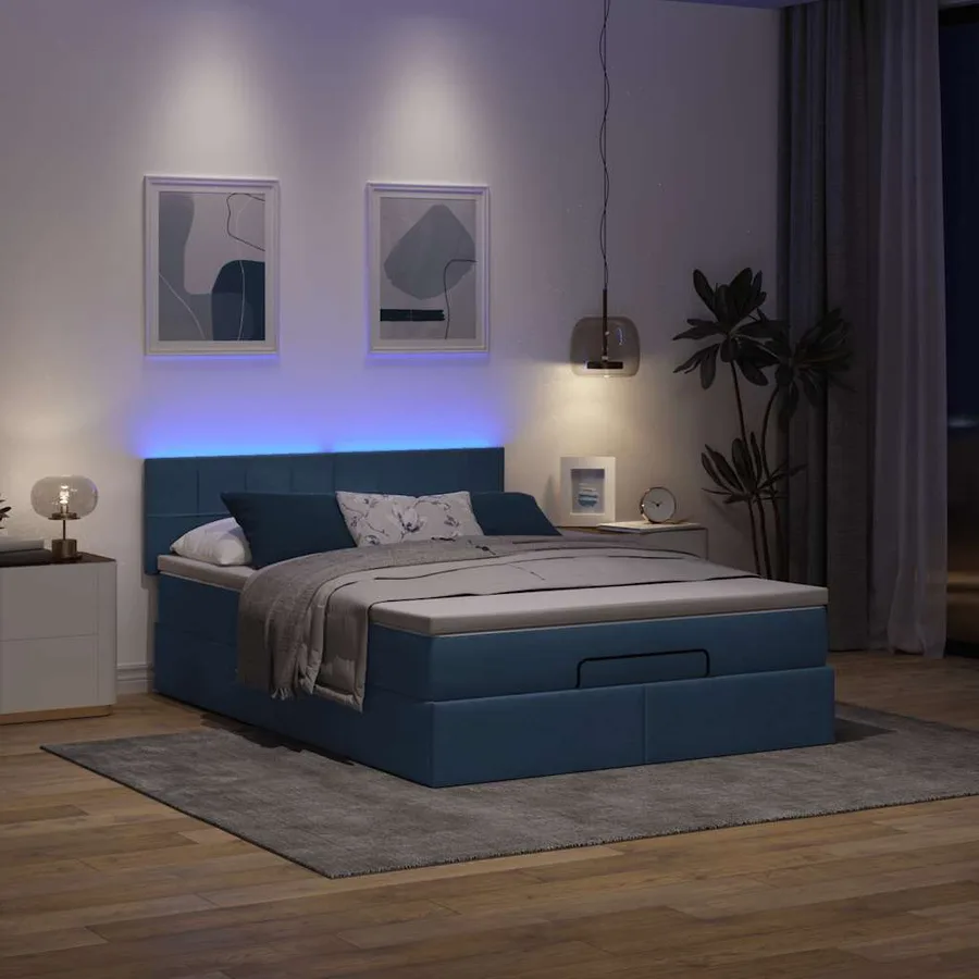 Lit ottoman avec matelas et LED bleu 140x190 cm tissu - 3