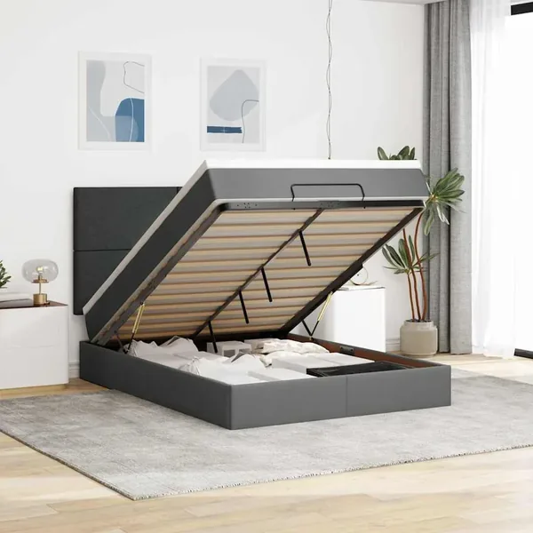 Cadre de lit ottoman avec matelas gris foncé 140x200 cm tissu