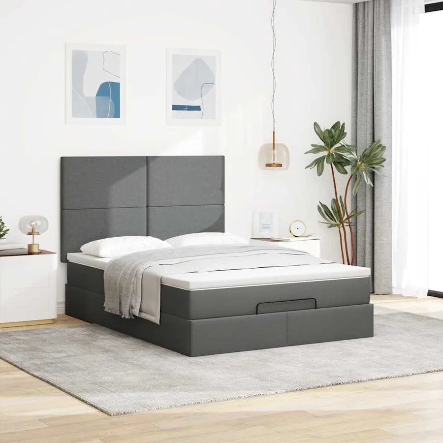 Cadre de lit ottoman avec matelas gris foncé 140x200 cm tissu - 4