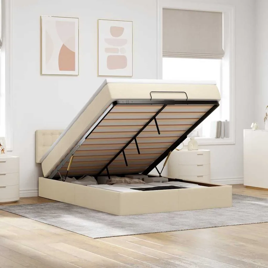 Lit ottoman avec matelas crème 140x200 cm tissu