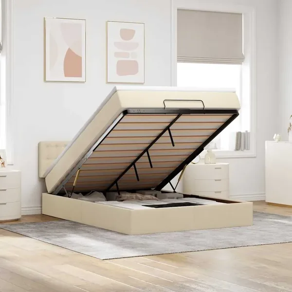 Lit ottoman avec matelas crème 140x200 cm tissu