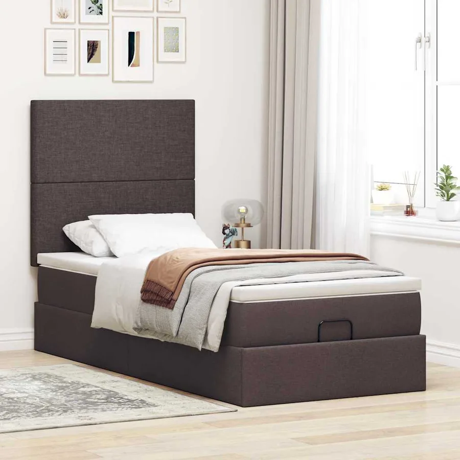 Lit ottoman avec matelas marron foncé 100x200 cm tissu - 3