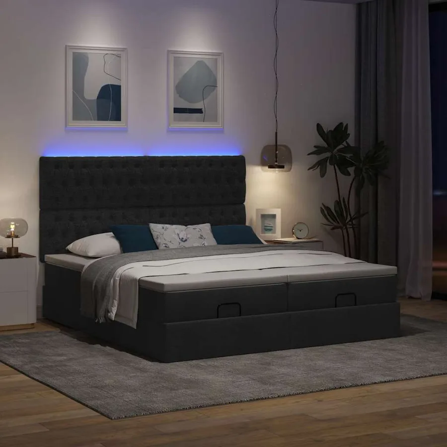 Cadre de lit ottoman avec matelas noir 200x200cm tissu - 3