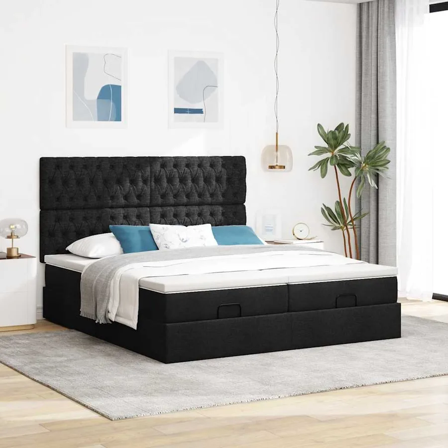 Cadre de lit ottoman avec matelas noir 200x200cm tissu - 4