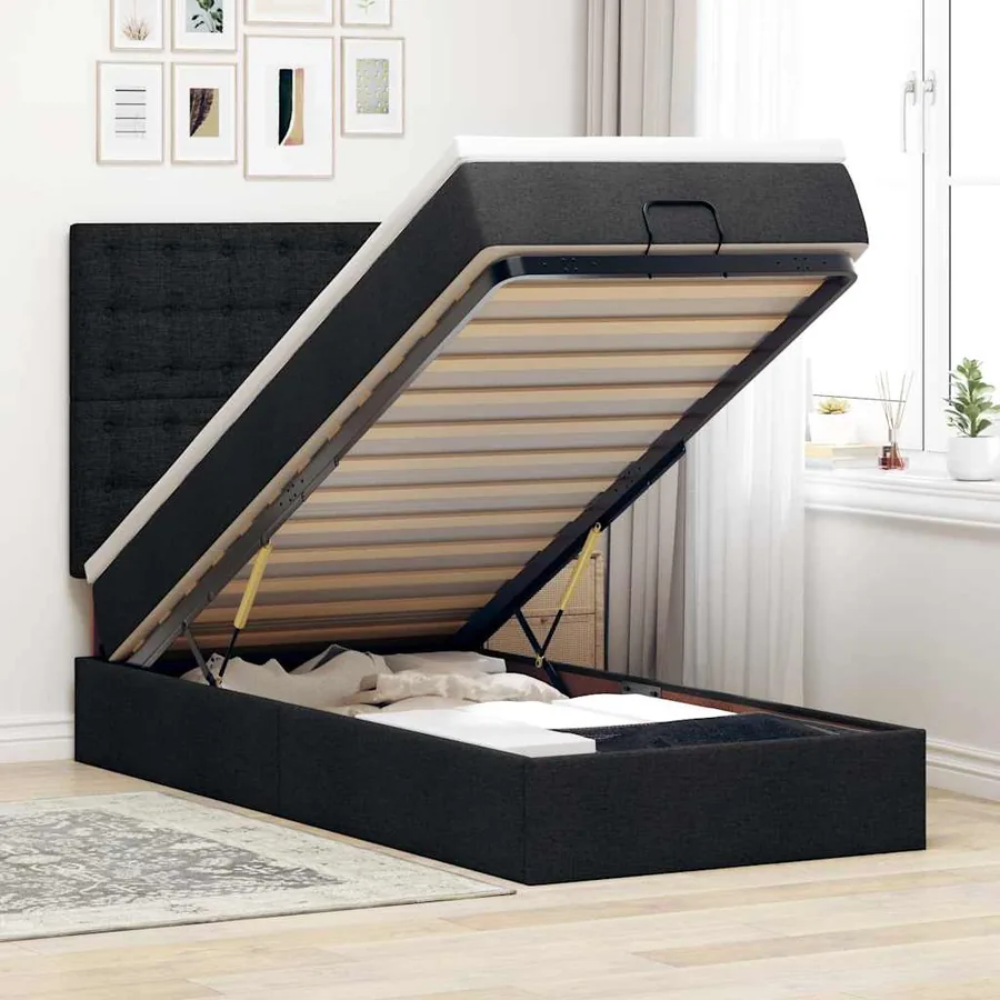 Lit ottoman avec matelas noir 100x200 cm tissu