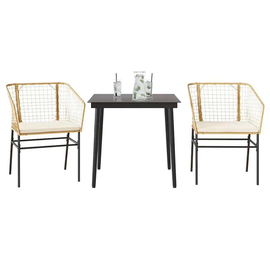 Ensemble à manger jardin coussins 3pcs marron poly rotin verre