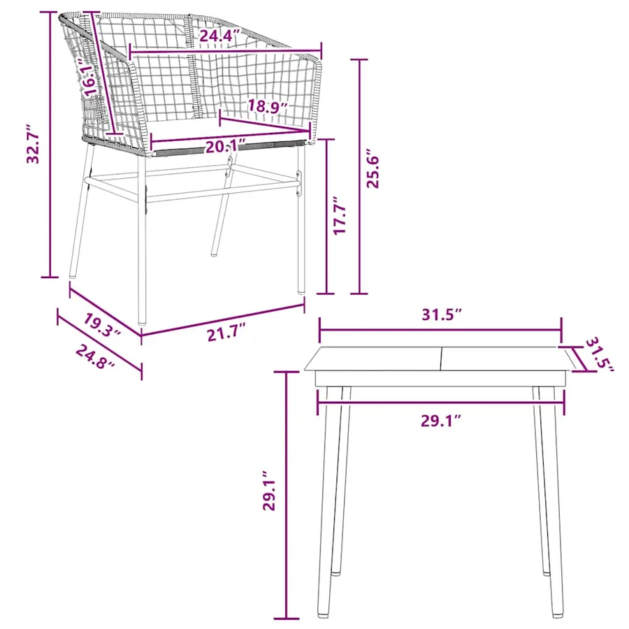 Ensemble à manger jardin coussins 3pcs marron poly rotin verre - 10