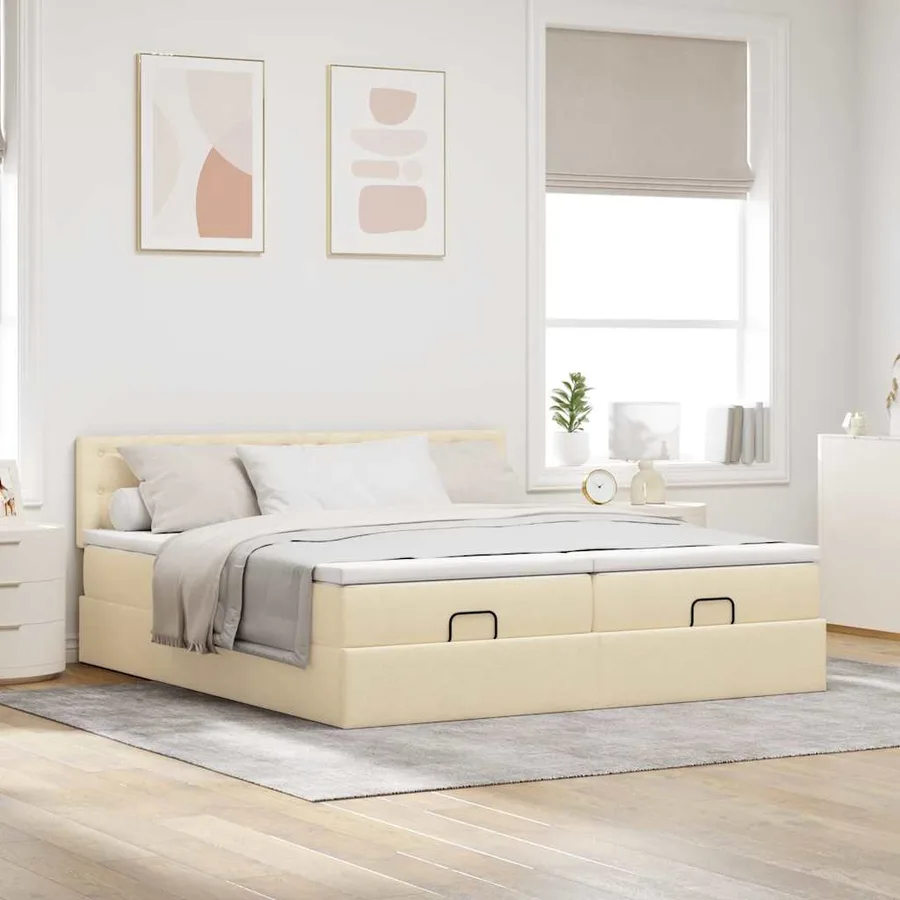 Cadre de lit ottoman avec matelas crème 200x200cm tissu - 3