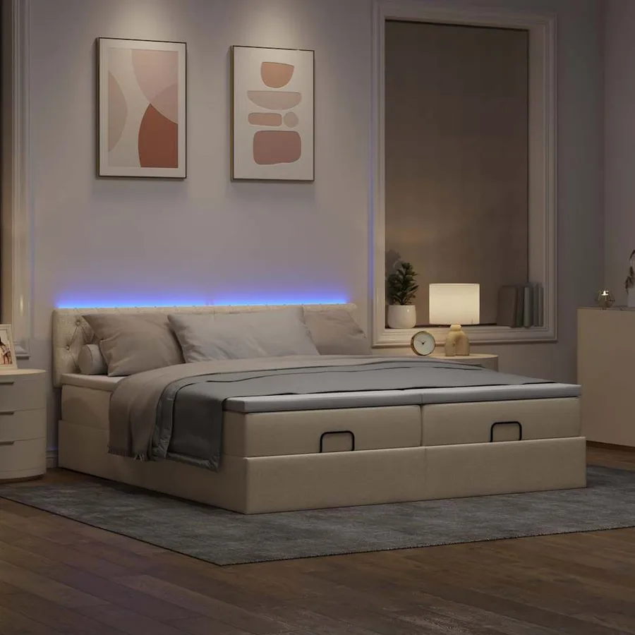 Cadre de lit ottoman avec matelas crème 200x200cm tissu - 3