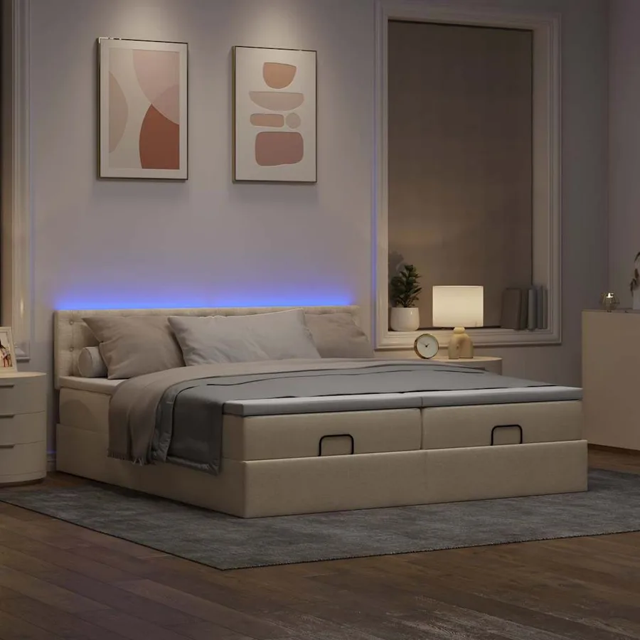 Cadre de lit ottoman avec matelas crème 200x200cm tissu - 3