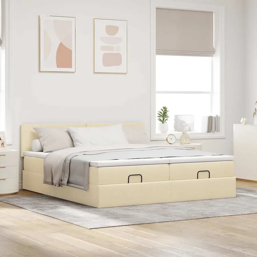 Cadre de lit ottoman avec matelas crème 200x200cm tissu - 3