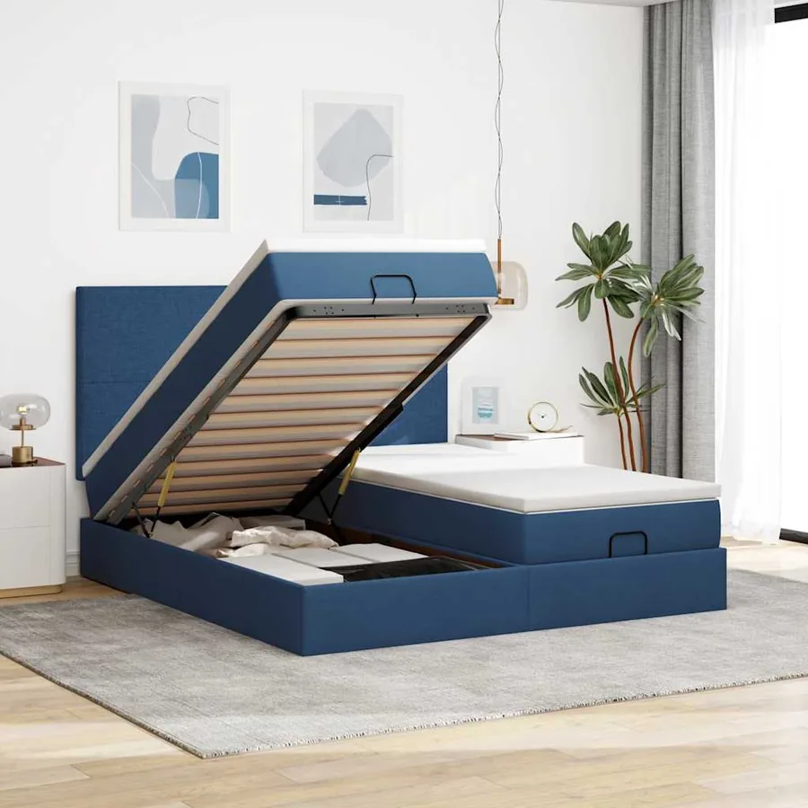 Cadre de lit ottoman avec matelas bleu 200x200cm tissu