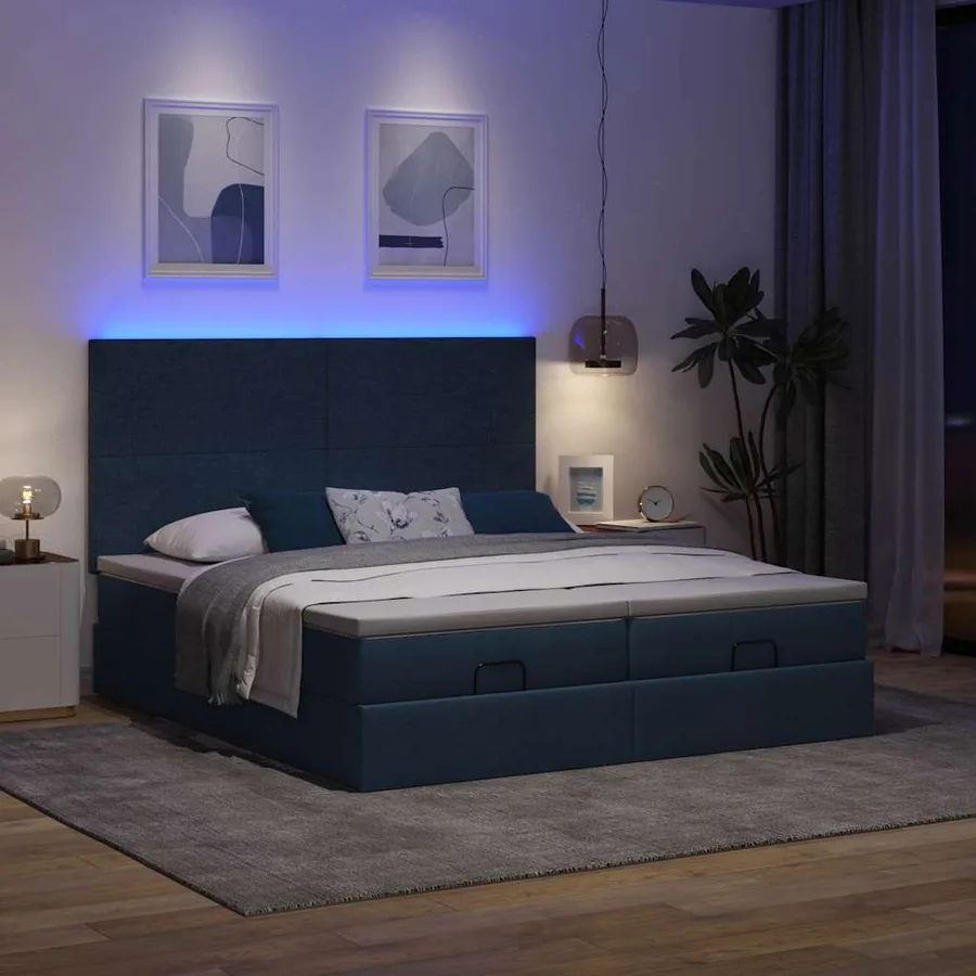 Cadre de lit ottoman avec matelas bleu 200x200cm tissu - 3