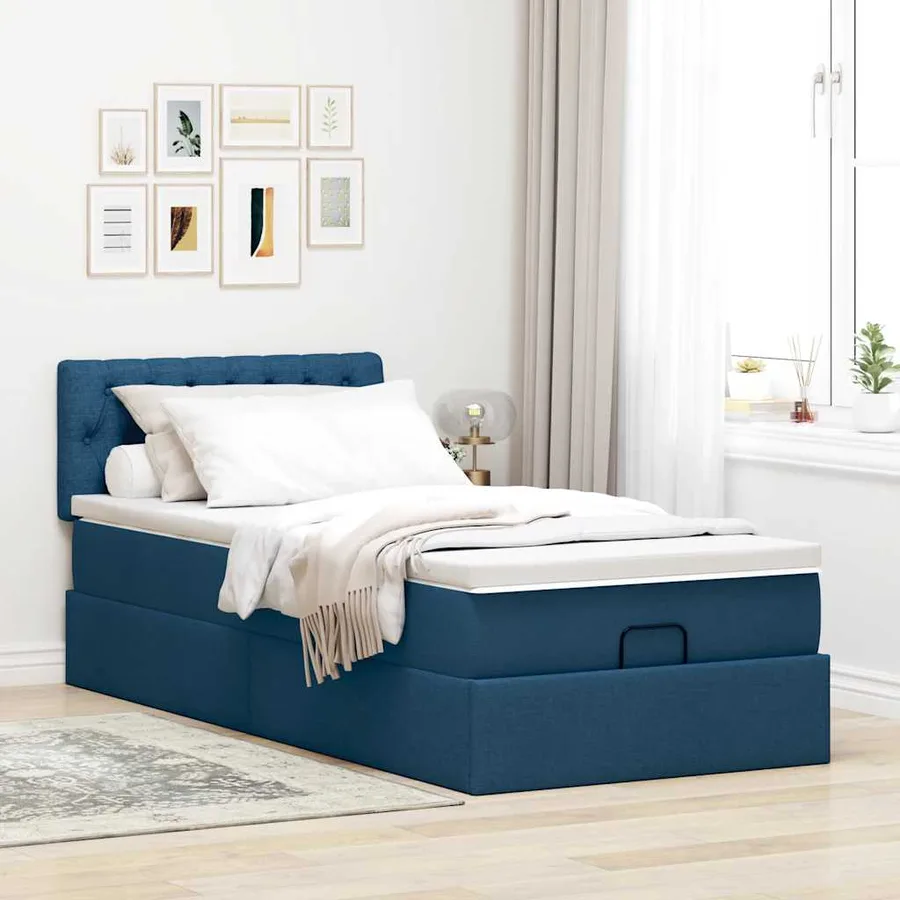 Lit ottoman avec matelas bleu 100x200 cm tissu - 3