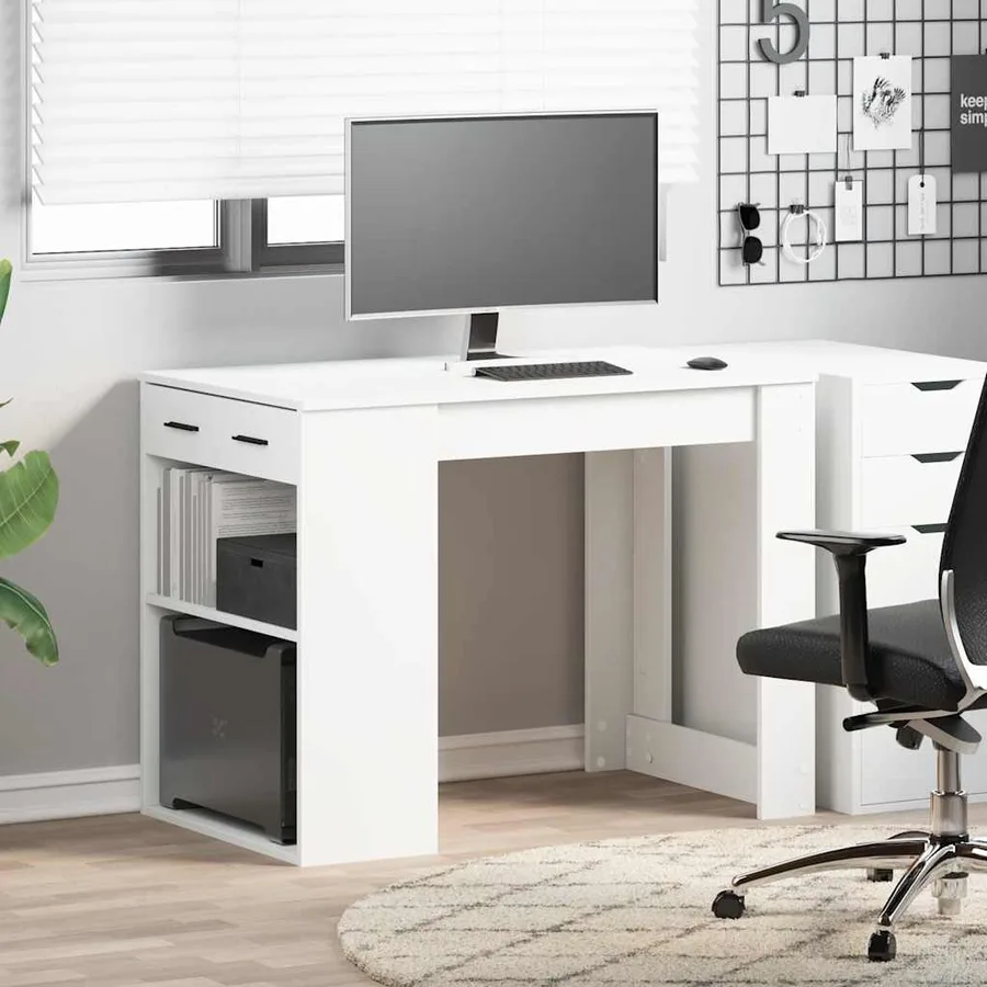 Bureau avec tiroir et étagère blanc bois d'ingénierie - 3