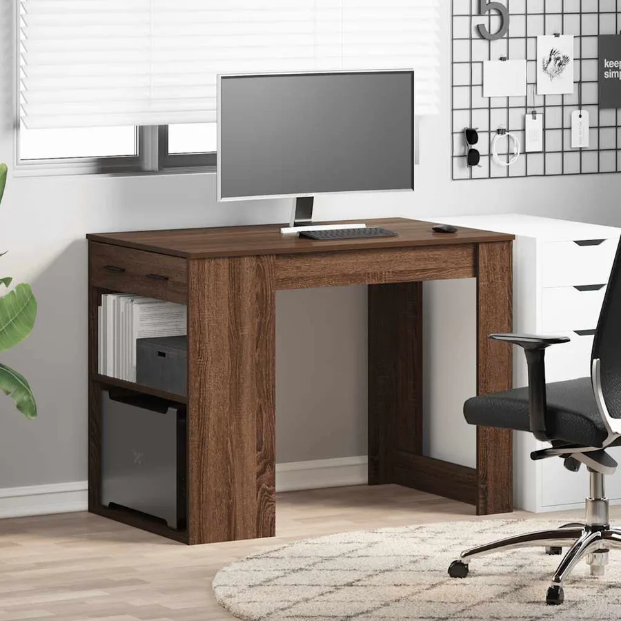 Bureau avec tiroir et étagère chêne marron bois d'ingénierie - 3