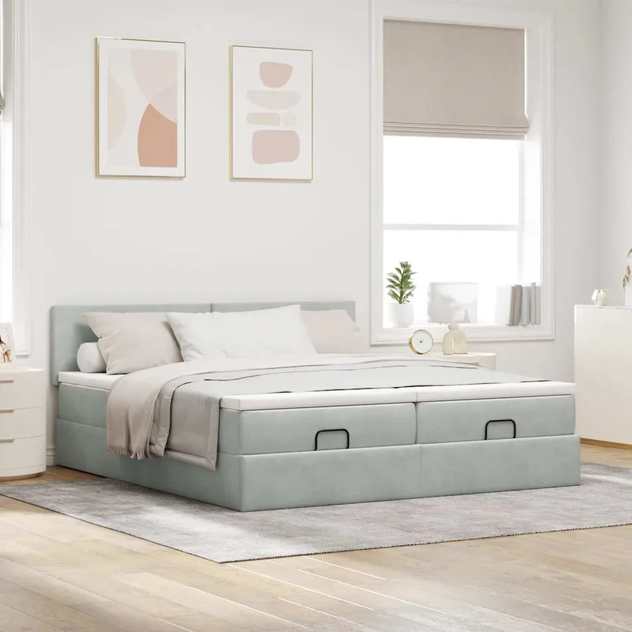 Cadre de lit ottoman avec matelas gris clair 200x200 cm velours - 3