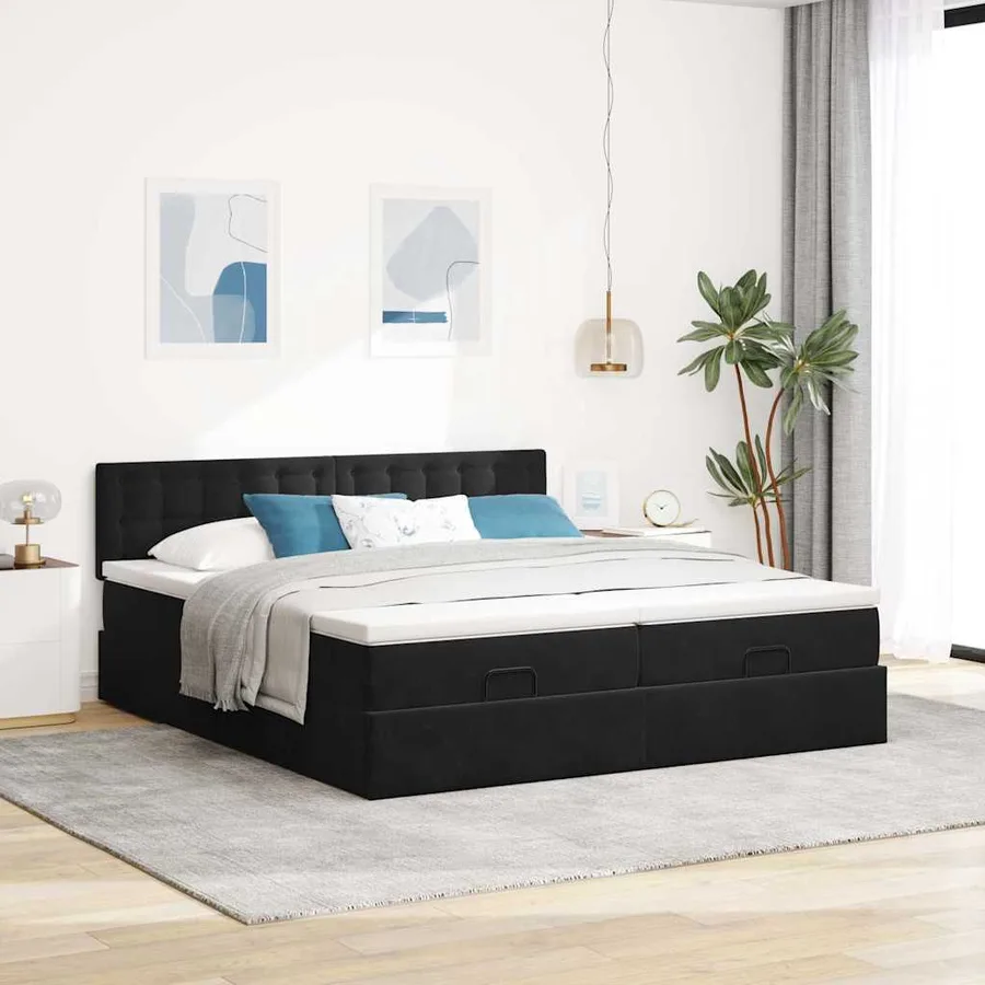 Cadre de lit ottoman avec matelas noir 200x200cm velours - 4