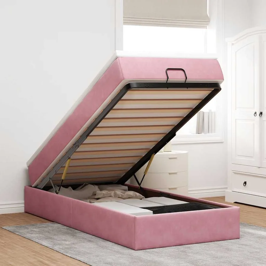 Cadre de lit ottoman avec matelas rose 100x200 cm velours