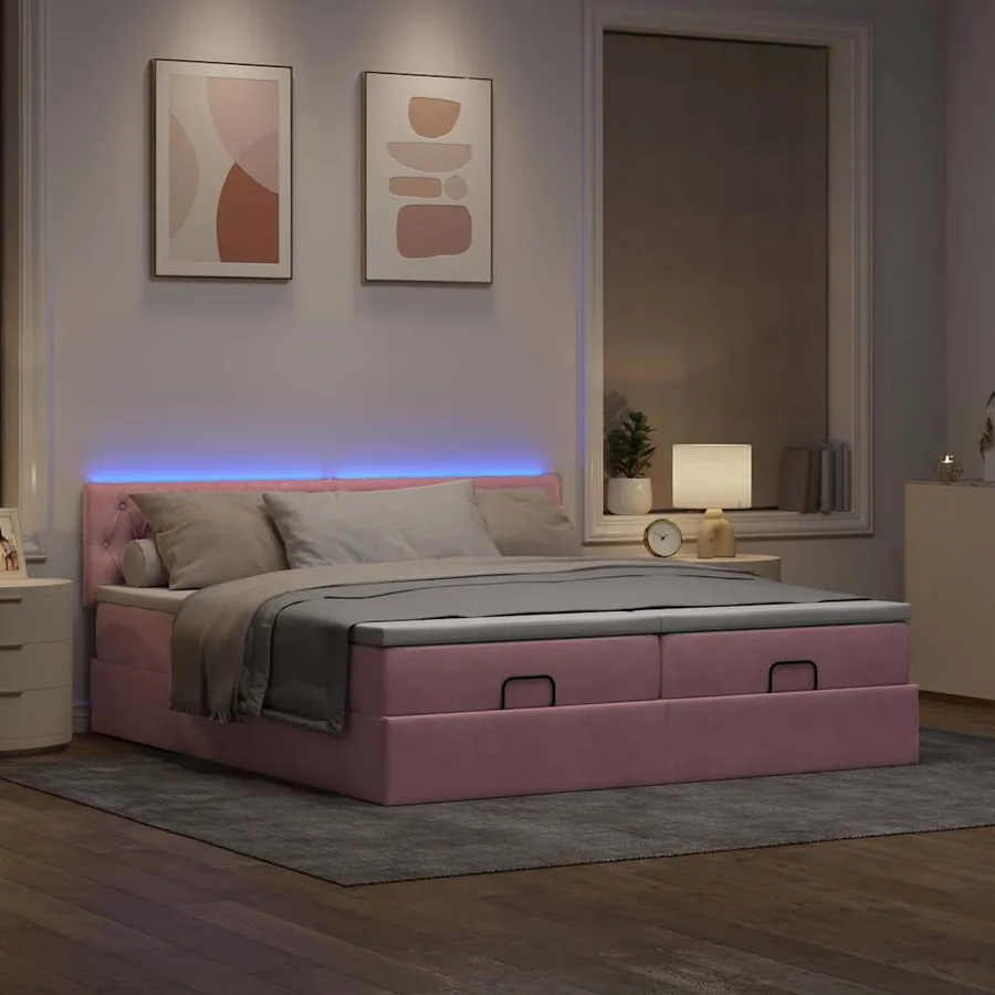 Cadre de lit ottoman avec matelas rose 200x200 cm velours - 3