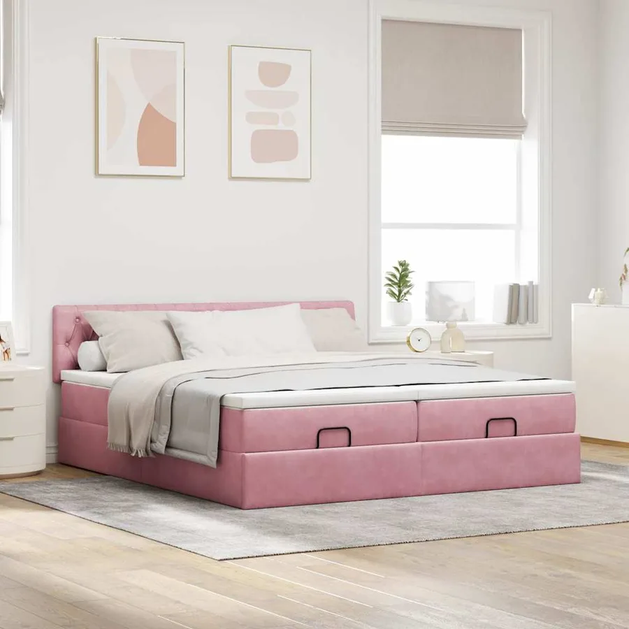 Cadre de lit ottoman avec matelas rose 200x200 cm velours - 4
