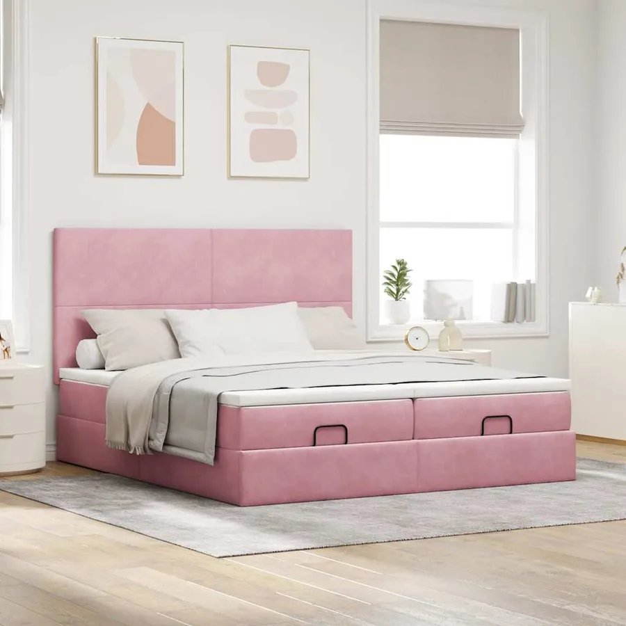 Cadre de lit ottoman avec matelas rose 200x200 cm velours - 4