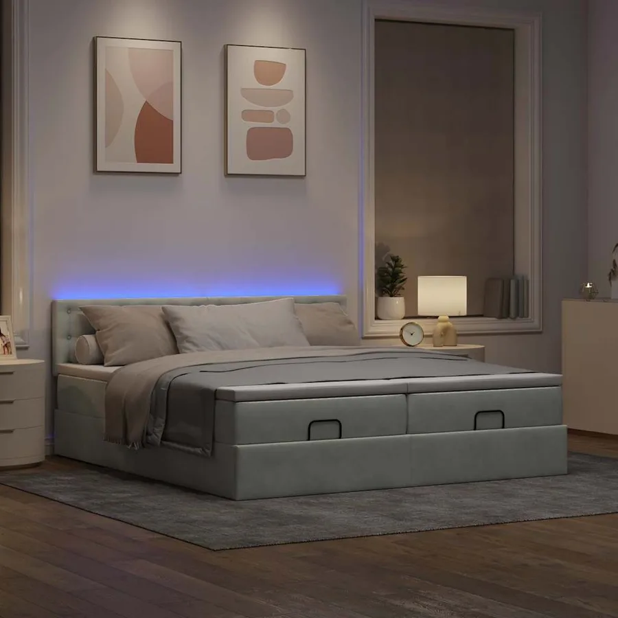 Cadre de lit ottoman avec matelas gris clair 200x200 cm velours - 3