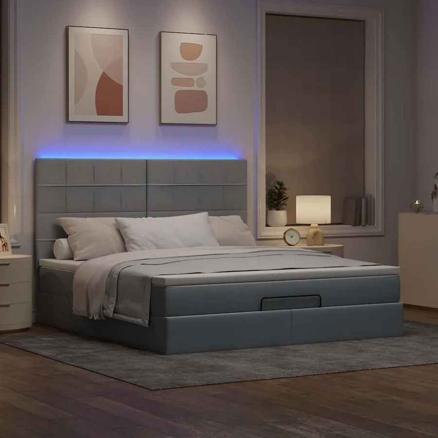 Cadre de lit ottoman et matelas gris clair 160x200cm tissu - 3
