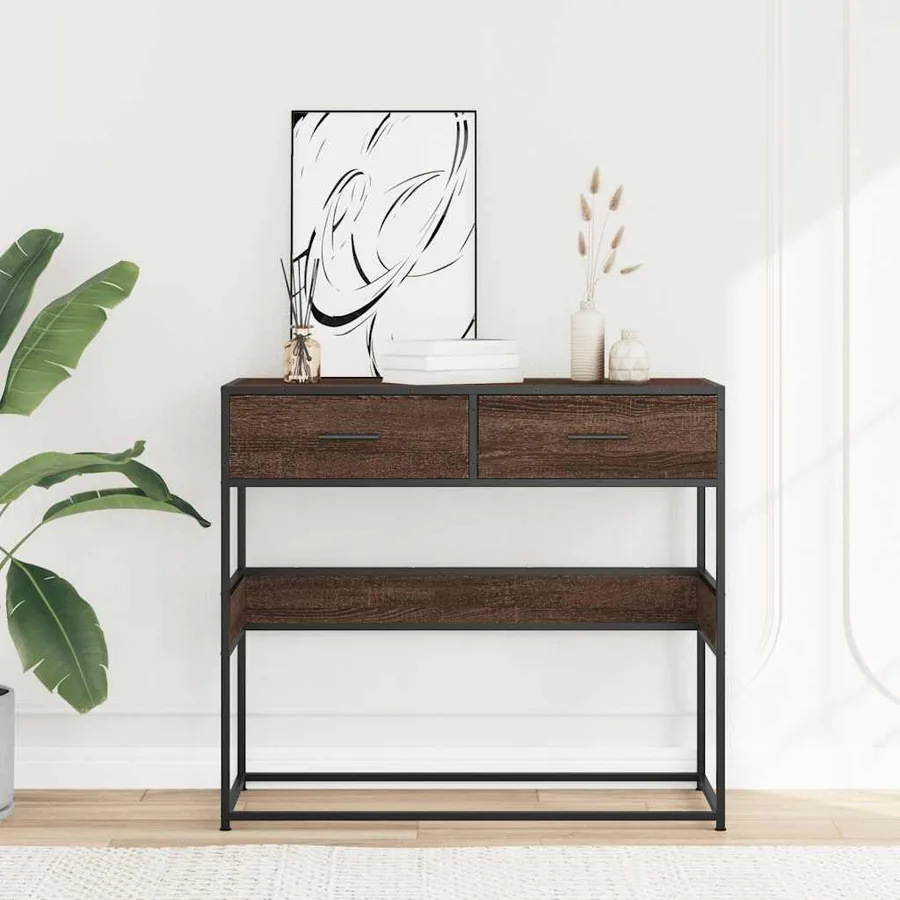 Table console chêne marron 90x35x80 cm bois d'ingénierie - 3