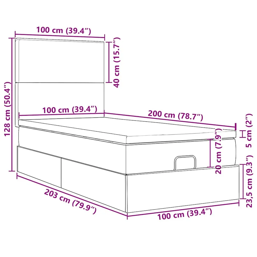 Cadre de lit ottoman et matelas gris clair 100x200 cm velours - 18