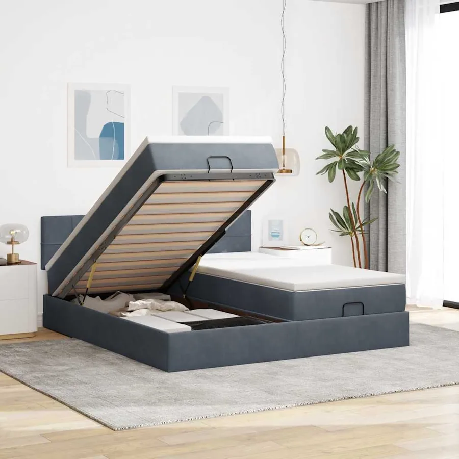 Cadre de lit ottoman avec matelas gris foncé 200x200 cm velours