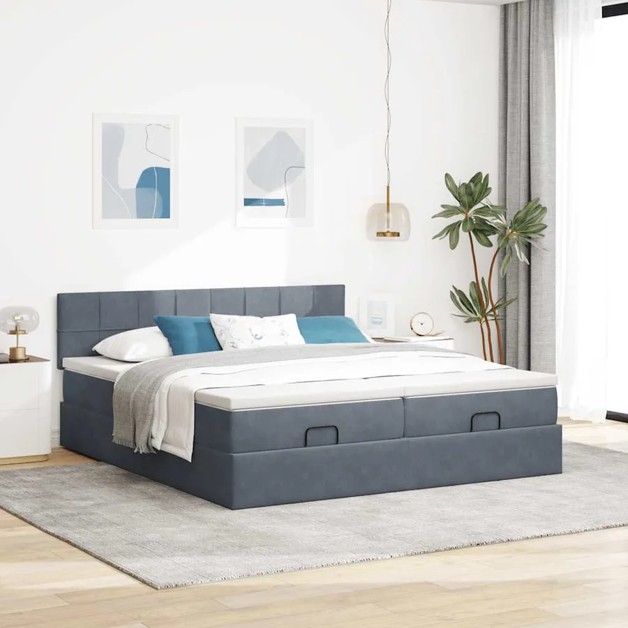 Cadre de lit ottoman avec matelas gris foncé 200x200 cm velours - 3