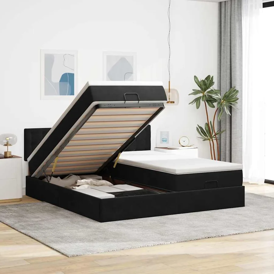 Cadre de lit ottoman avec matelas noir 180x200cm velours
