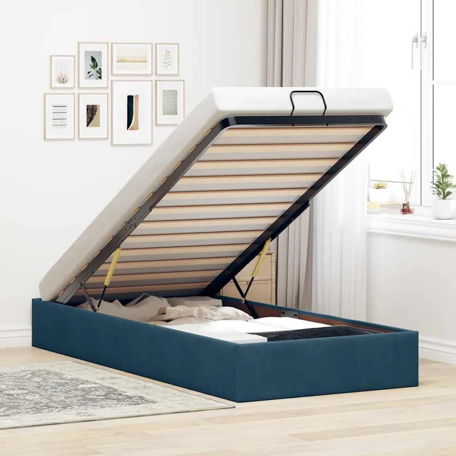Cadre de lit ottoman sans matelas bleu foncé 90x200 cm velours