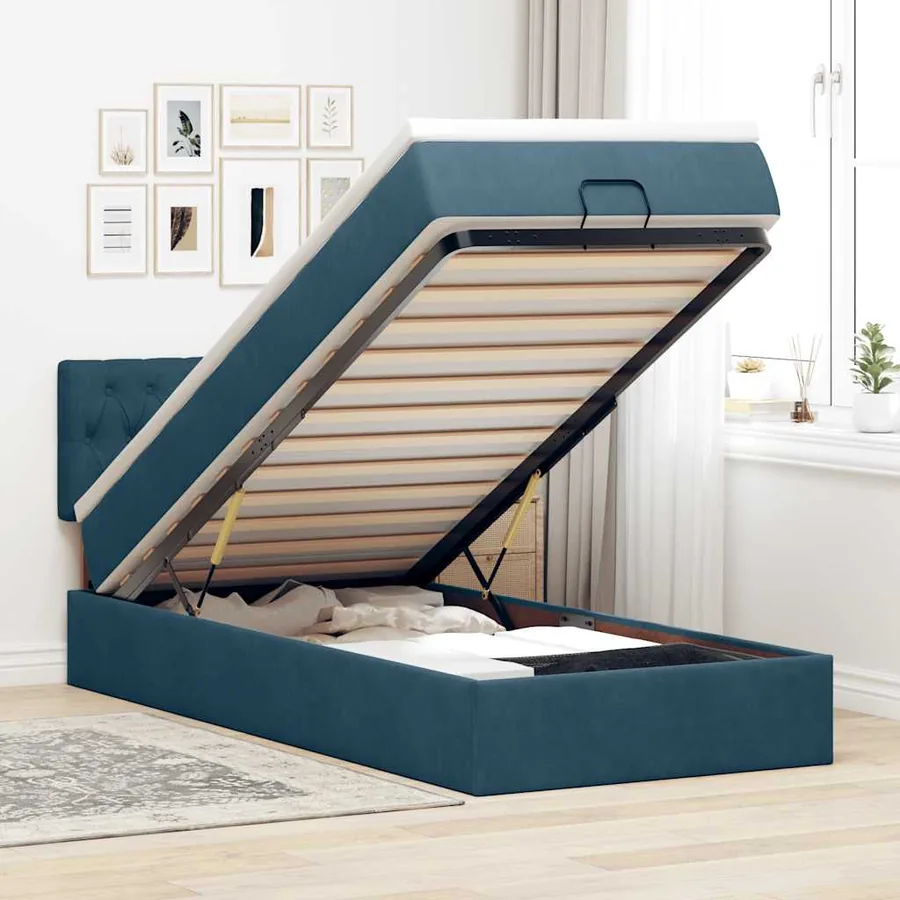 Cadre de lit ottoman avec matelas bleu foncé 90x200 cm velours