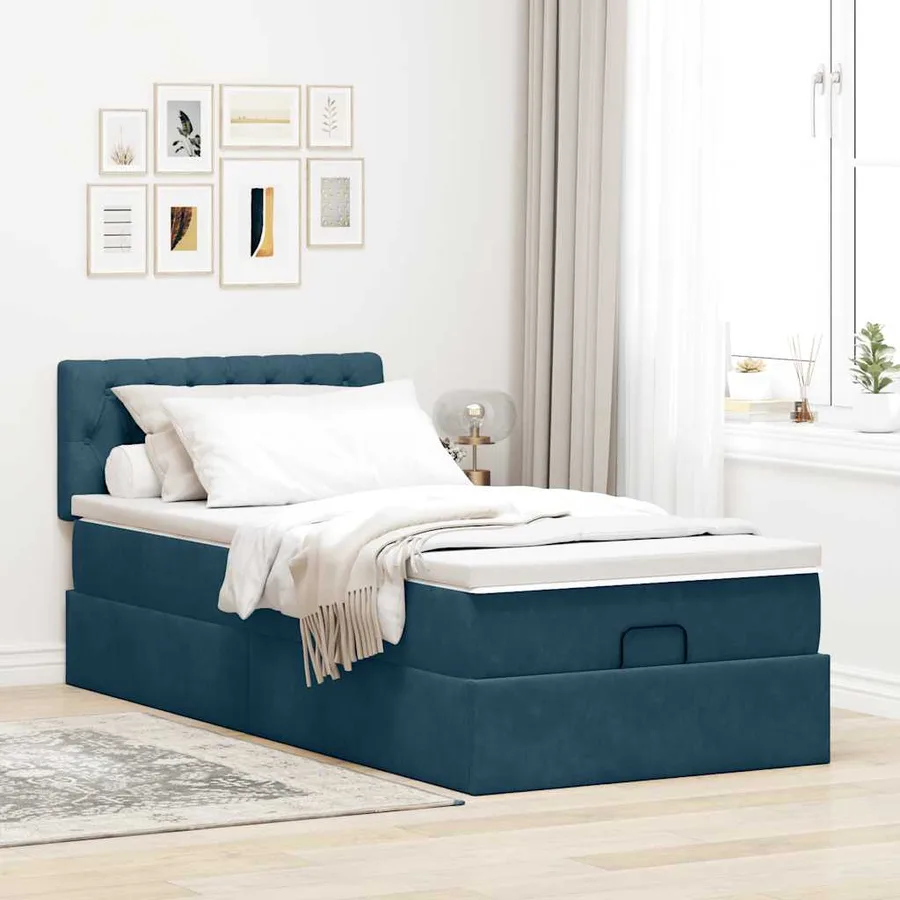 Cadre de lit ottoman avec matelas bleu foncé 90x200 cm velours - 3