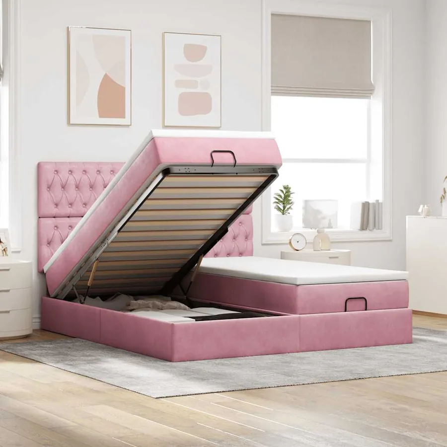 Cadre de lit ottoman avec matelas rose 180x200 cm velours