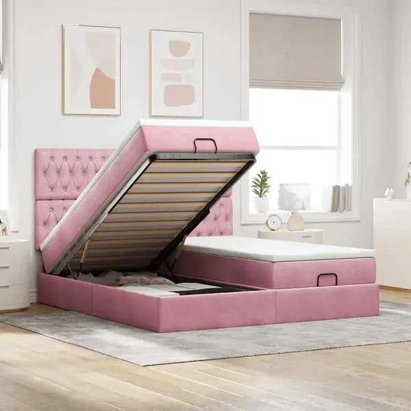 Cadre de lit ottoman avec matelas rose 180x200 cm velours