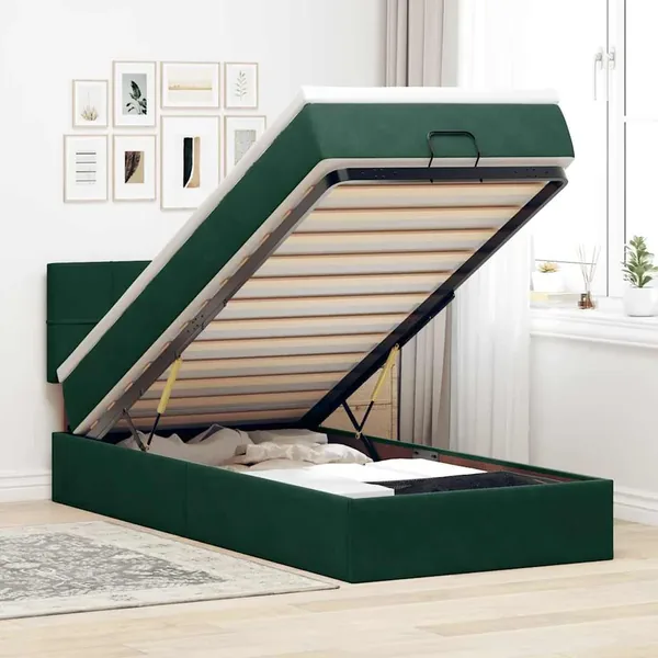 Lit ottoman avec matelas et LED Vert foncé 90x200cm velours
