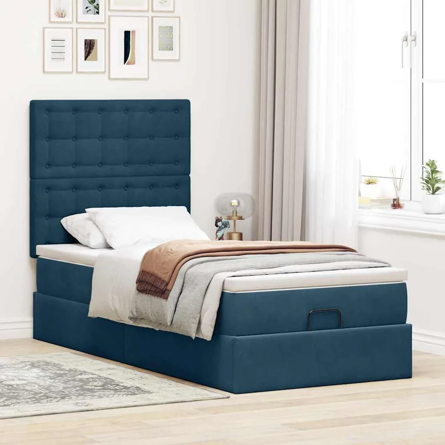 Cadre de lit ottoman avec matelas bleu foncé 100x200 cm velours - 4
