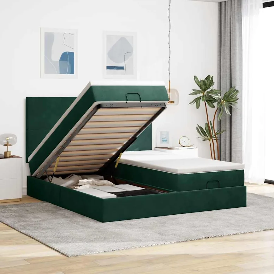 Cadre de lit ottoman avec matelas vert foncé 180x200cm velours