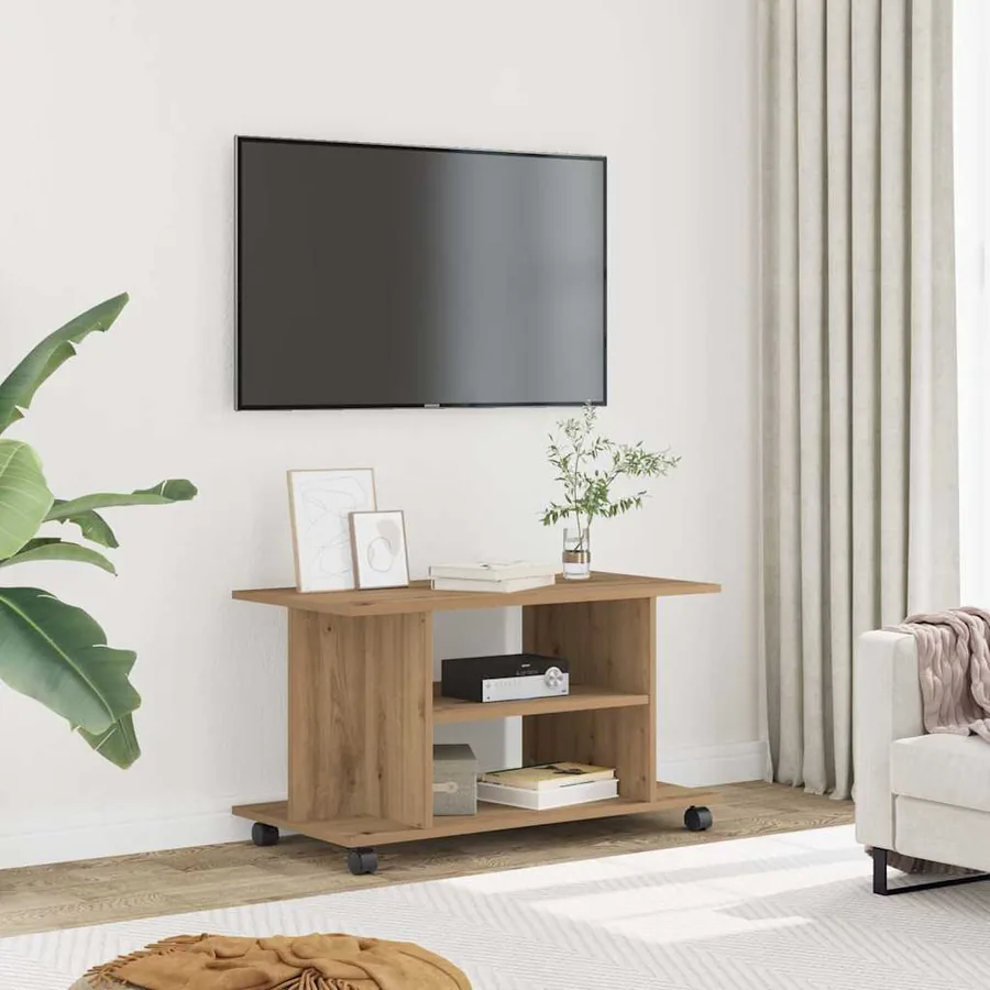 Meuble TV roulettes chêne artisanal 80x40x45 cm bois ingénierie
