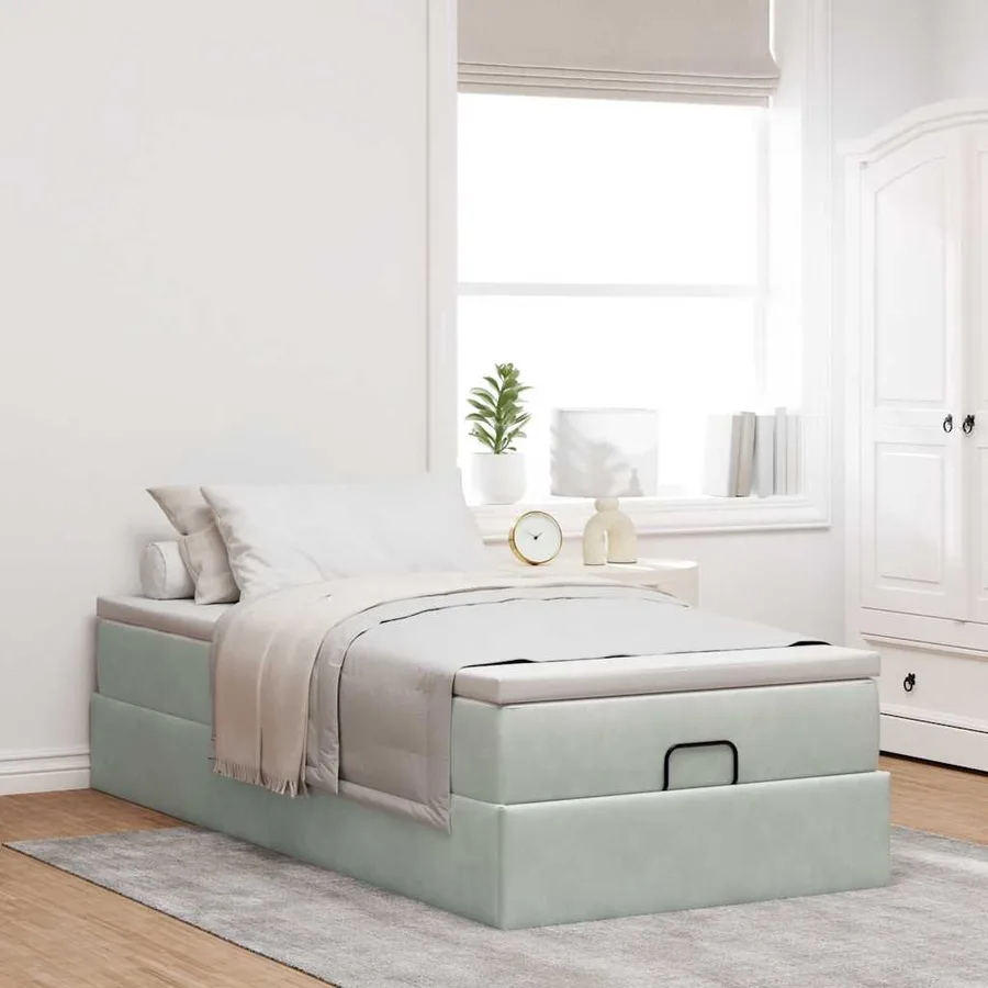 Cadre de lit ottoman et matelas gris clair 90x190 cm velours - 3
