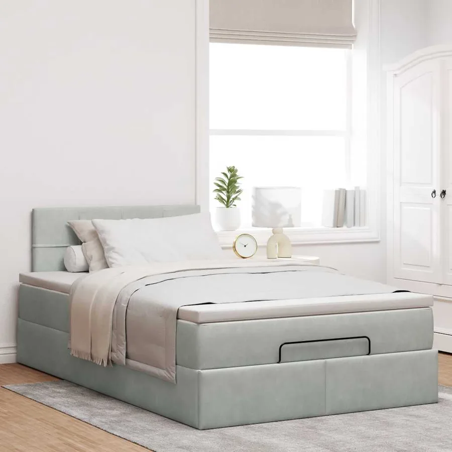 Lit ottoman avec matelas gris clair 120x190 cm velours - 3