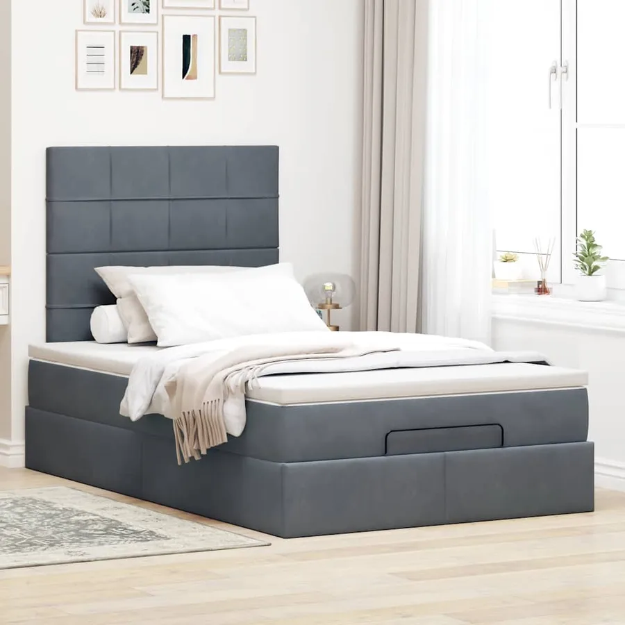 Cadre de lit ottoman avec matelas gris foncé 120x190 cm velours - 3